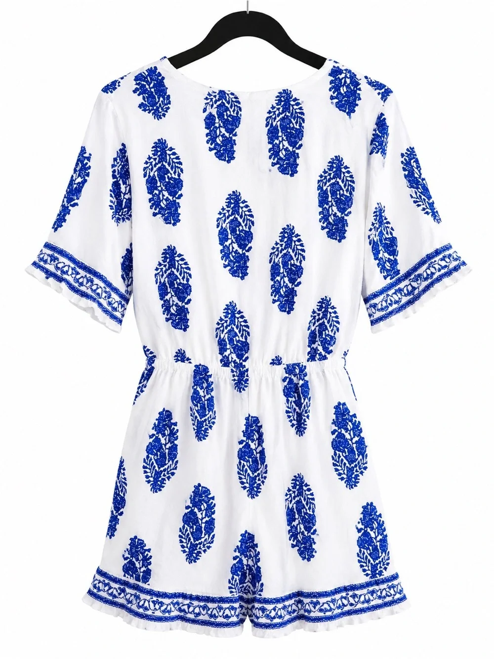 White V-Neck Romper with Blue Floral Print - Picture 3 of 5
